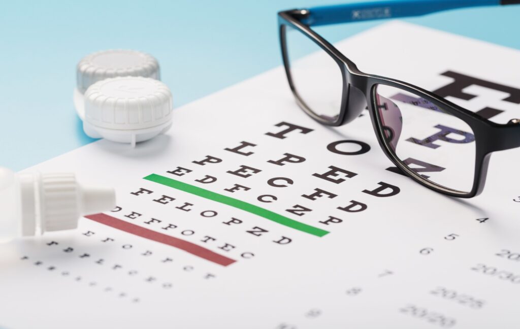 A pair of eyeglasses and a contact lens container sit on top of a Snellen chart and a list of vision prescriptions.