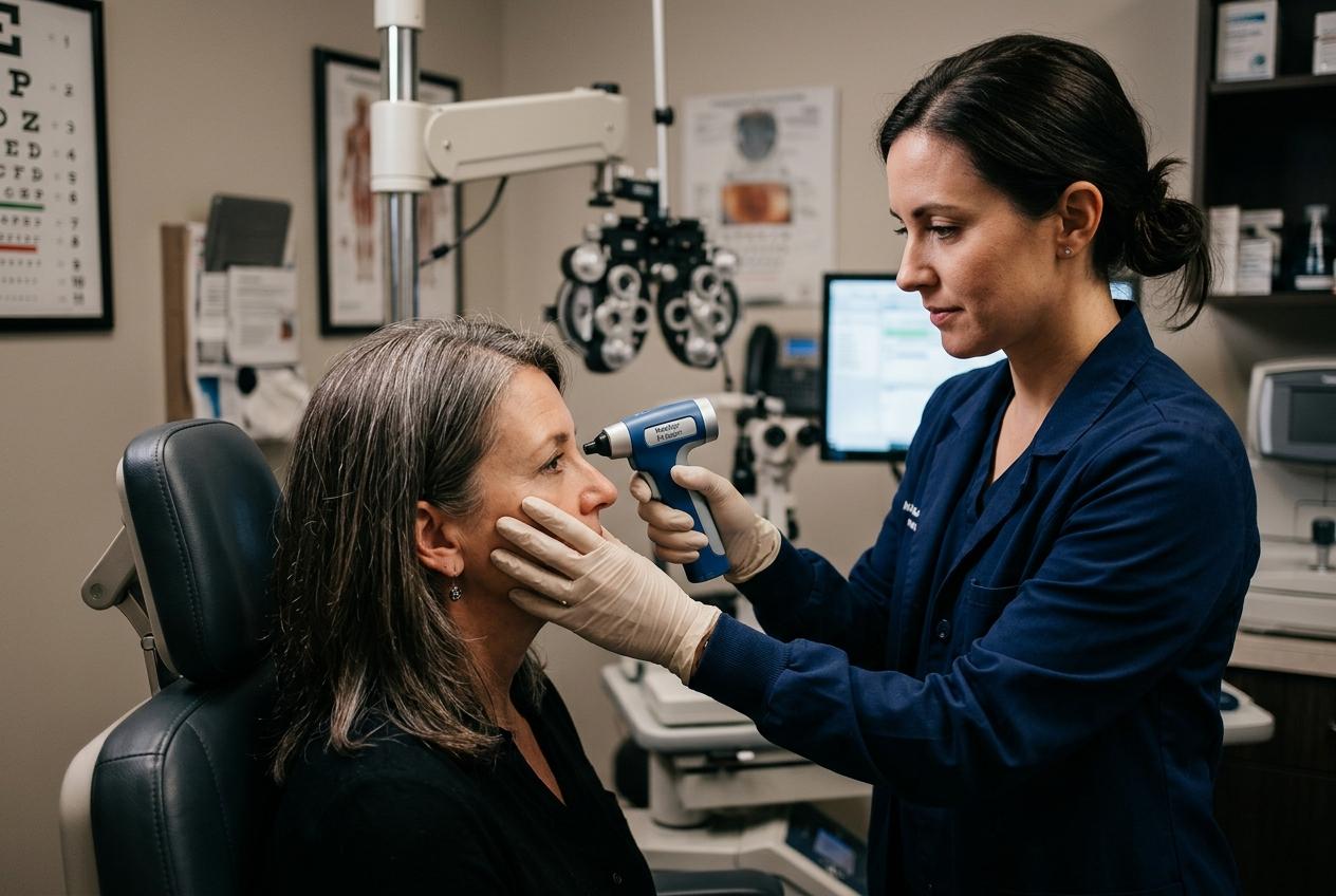 Optometrist examining a seated patient's eye with a handheld instrument in an eye exam room, focused expression.