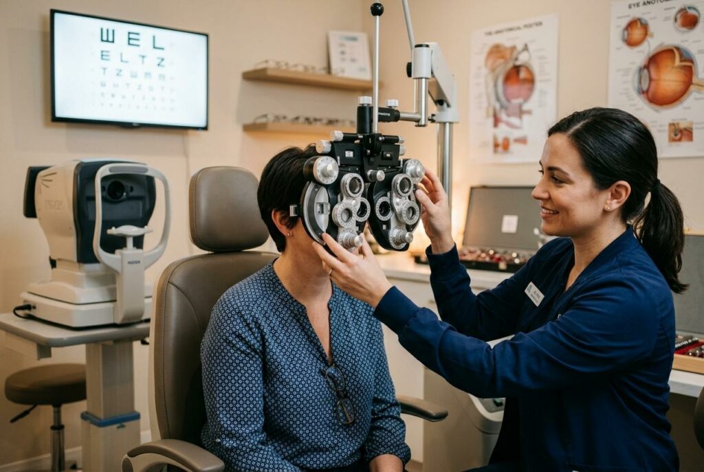 Smiling optometrist adjusting a phoropter in front of a seated patient during an eye exam in a clinic.