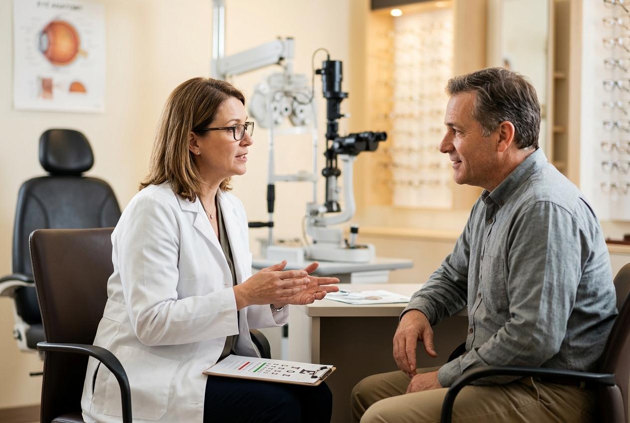 Adult patient and optometrist discussing vision changes to expect as one ages