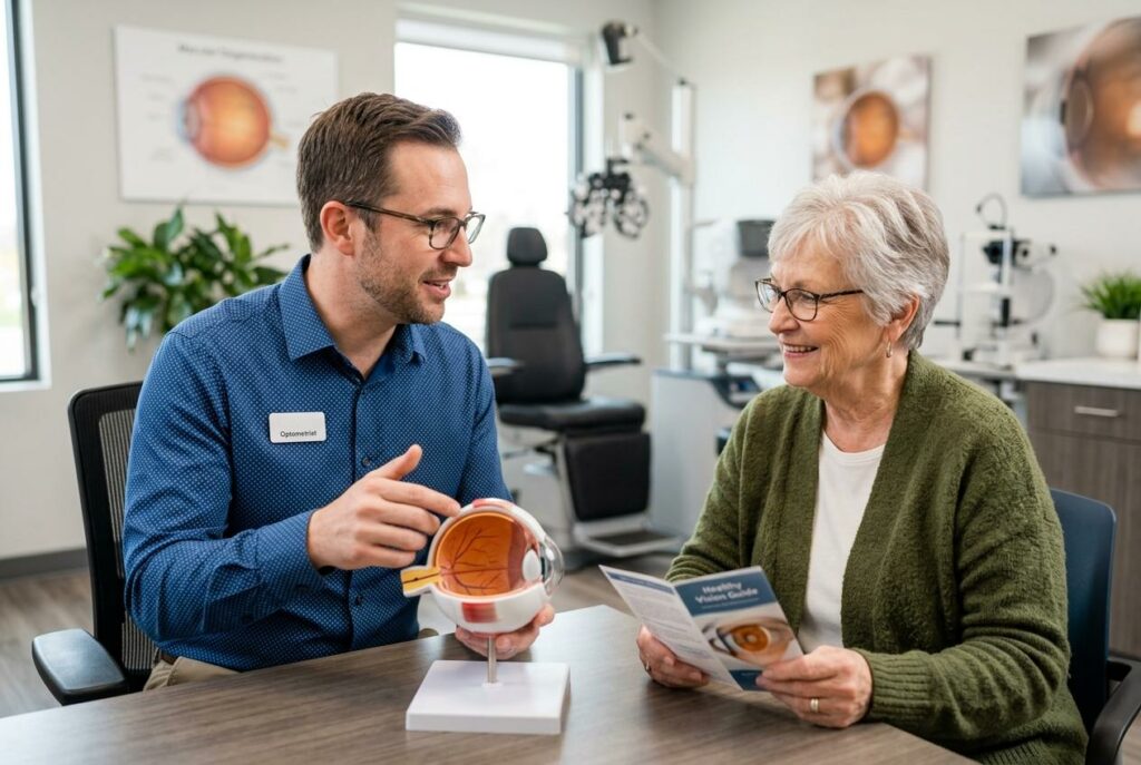 Adult patient and optometrist discussing vision changes to expect as one ages