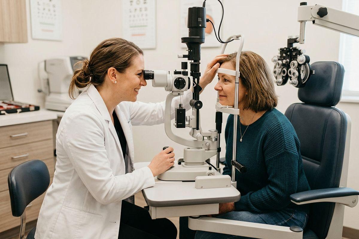 Optometrist examines a patient's eyes using a slit lamp in an exam room, with a phoropter and eye chart nearby.