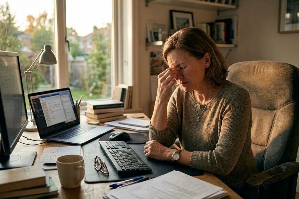 Person at a home desk with laptop and keyboard, pinching bridge of nose with eyes closed, looking tired.