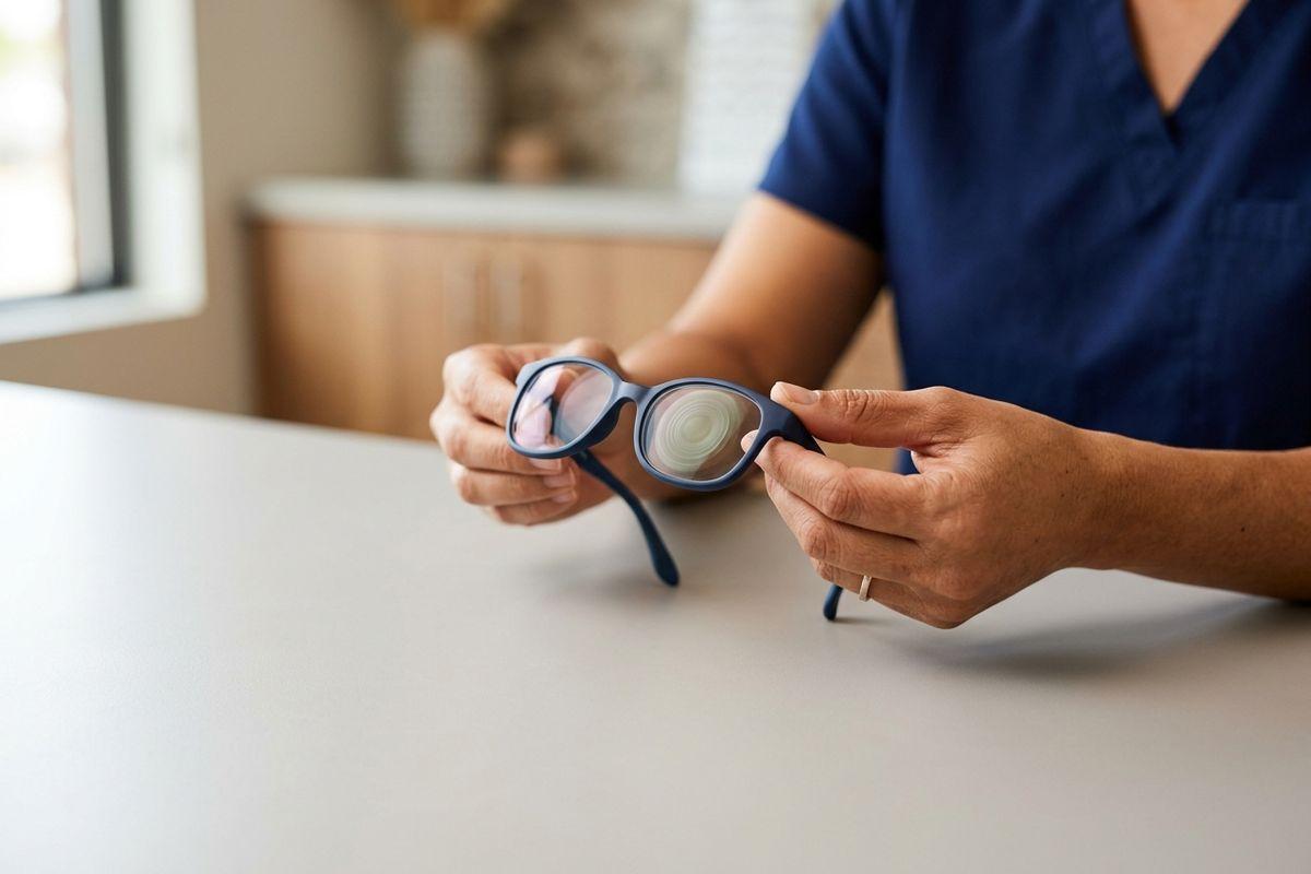 An optometrist in blue scrubs holding a pair of blue eyeglasses in both hands over a white counter.