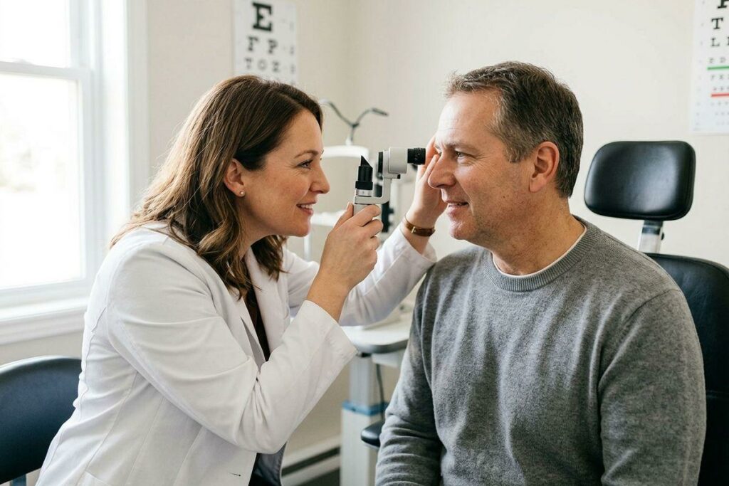An optometrist uses a handheld instrument to examine a smiling patient's eye in an exam room with eye charts on the wall.