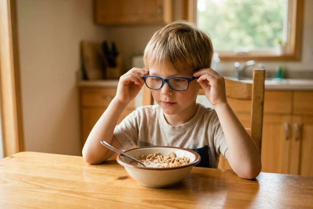 Child at a kitchen table putting on blue glasses with both hands, looking down at a bowl of cereal with milk and a spoon.