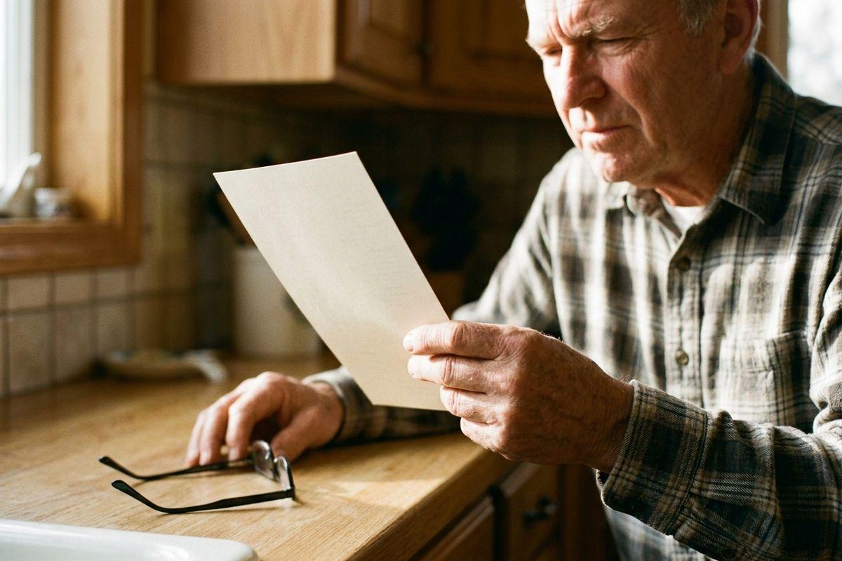 Older adult in a plaid shirt reading a sheet of paper at a kitchen counter, frowning, with eyeglasses folded on the counter nearby.